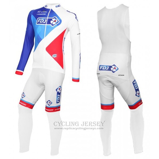 2016 Cycling Jersey FDJ White and Blue Long Sleeve and Bib Tight